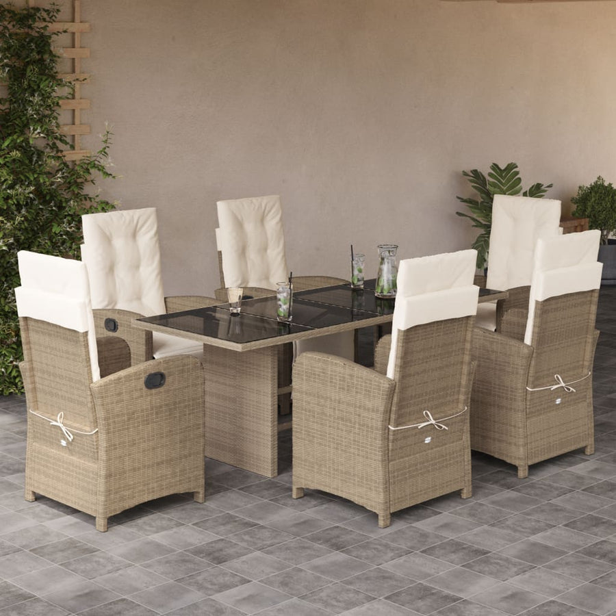 Tuinset met kussens poly rattan beige 7 Glas beige and cream
