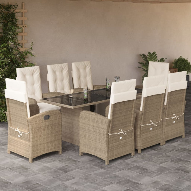 Tuinset met kussens poly rattan beige 9 Glas beige and cream