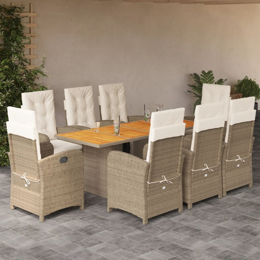 9-Delige Tuinset Met Kussens Poly Rattan 8 beige en crèmekleurig Hout