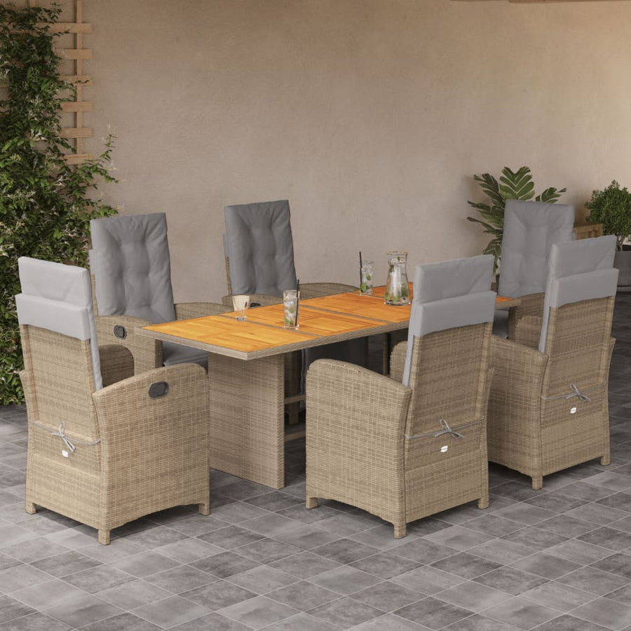 7-Delige Tuinset Met Kussens Poly Rattan 6 Beige en grijs Hout
