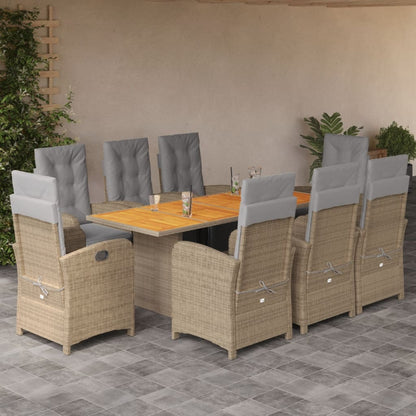 9-Delige Tuinset Met Kussens Poly Rattan 8 Beige en grijs Hout