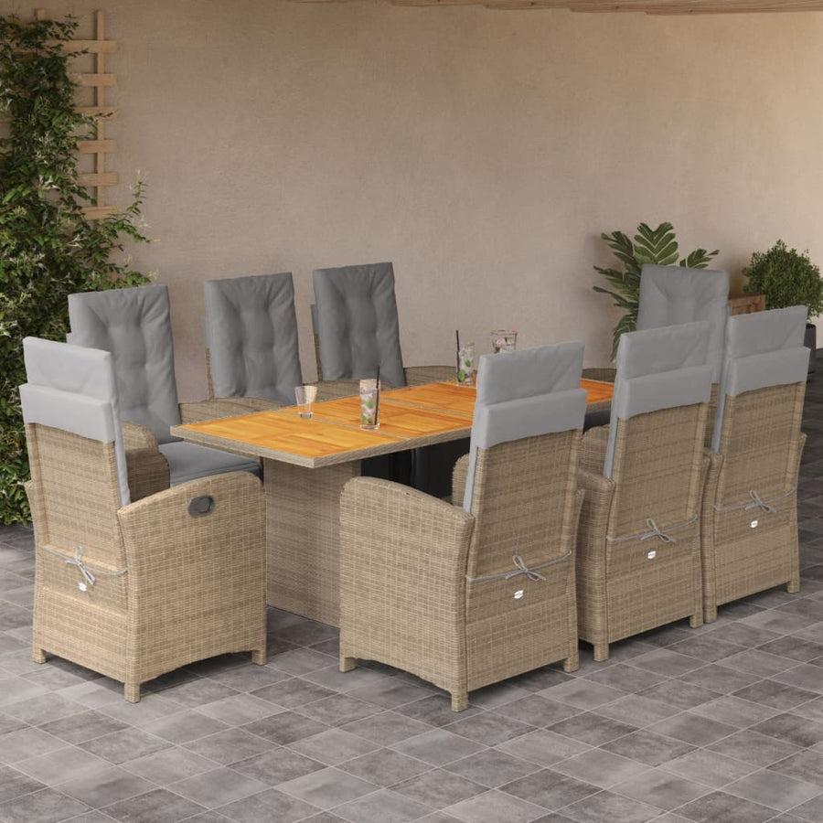 9-Delige Tuinset Met Kussens Poly Rattan 8 Beige en grijs Hout