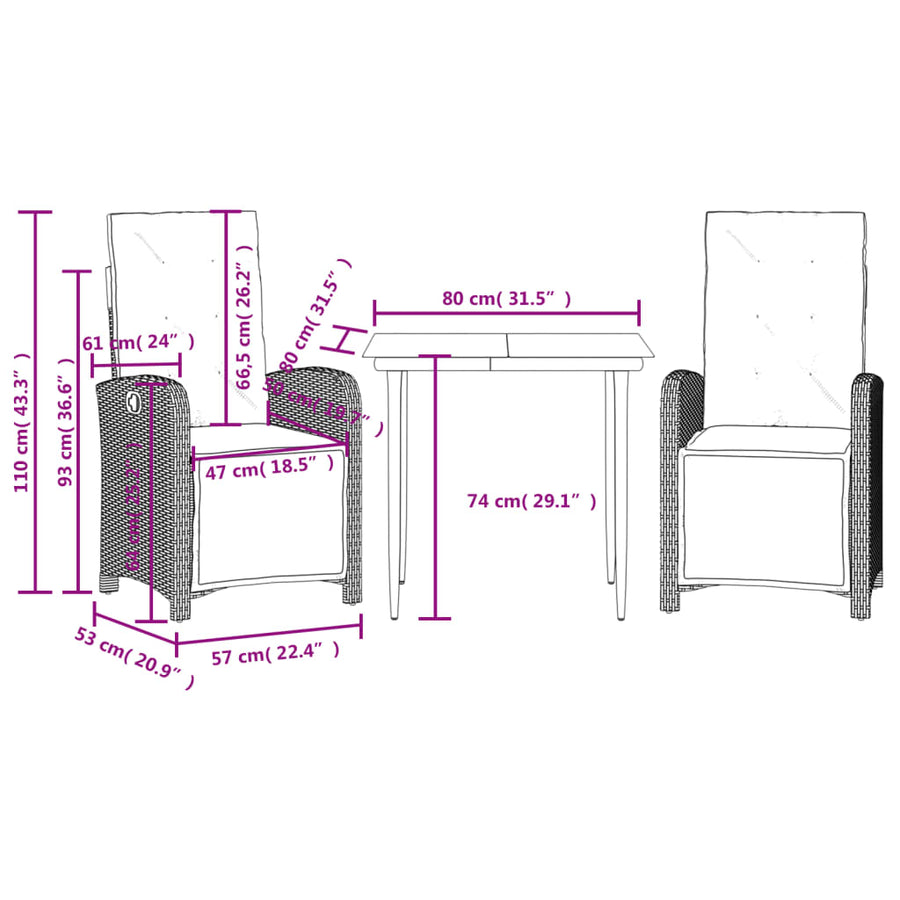 3-delige Bistroset met kussens poly rattan zwart 3 80 cm tafellengte