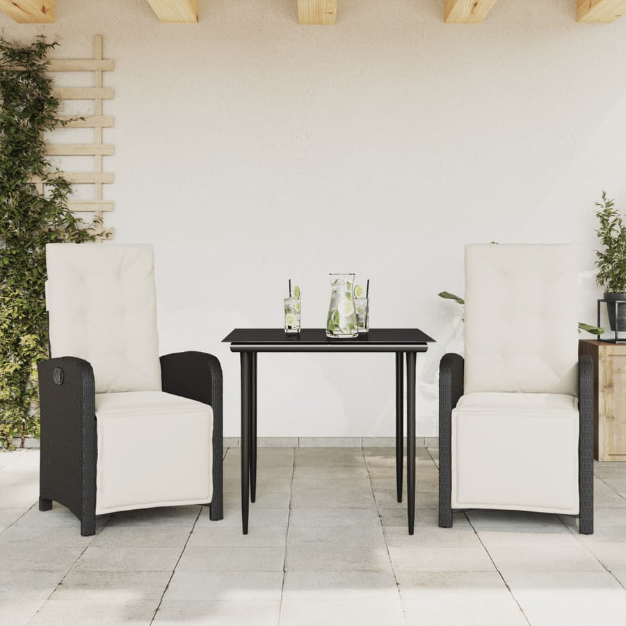 3-delige Bistroset met kussens poly rattan zwart 3 80 cm tafellengte