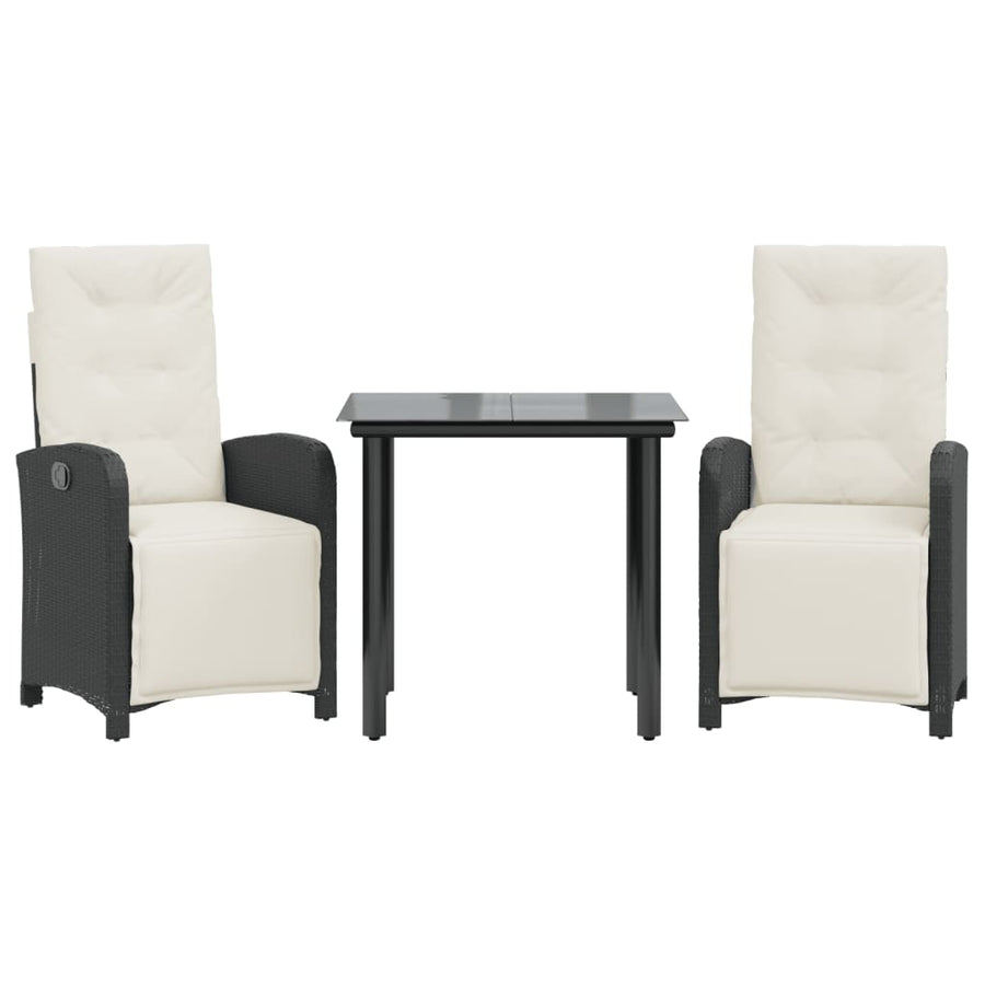 3-delige Bistroset met kussens poly rattan zwart 3 80 cm tafellengte