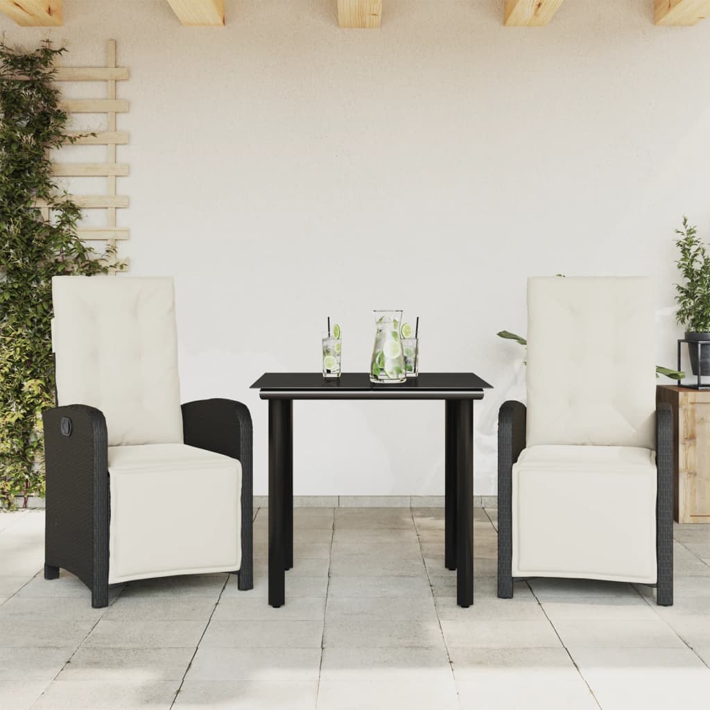3-delige Bistroset met kussens poly rattan zwart 3 80 cm tafellengte