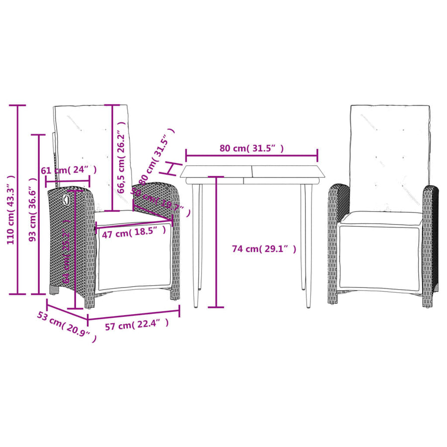 3-Delige Bistroset Met Kussens Poly Rattan Zwart