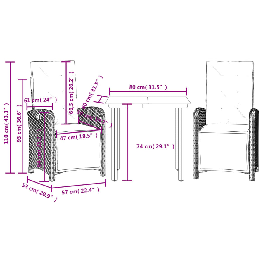 3-delige Bistroset met kussens poly rattan beige