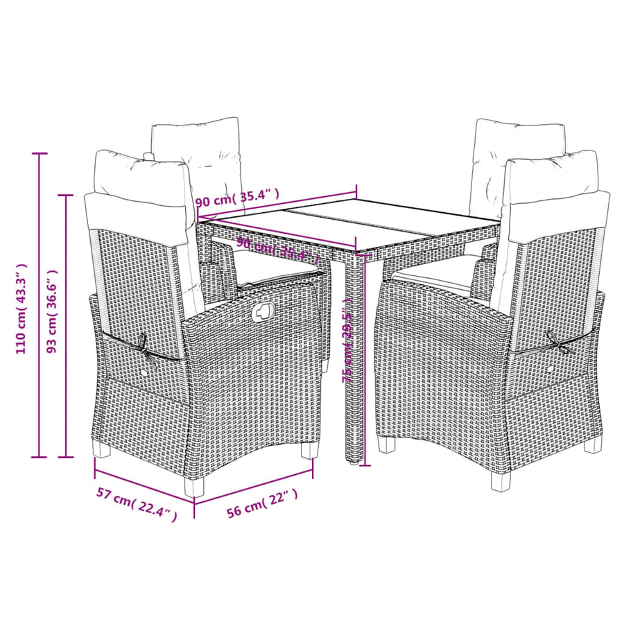 5-Delige Tuinset Met Kussens Poly Rattan Zwart 4 90 cm tafellengte