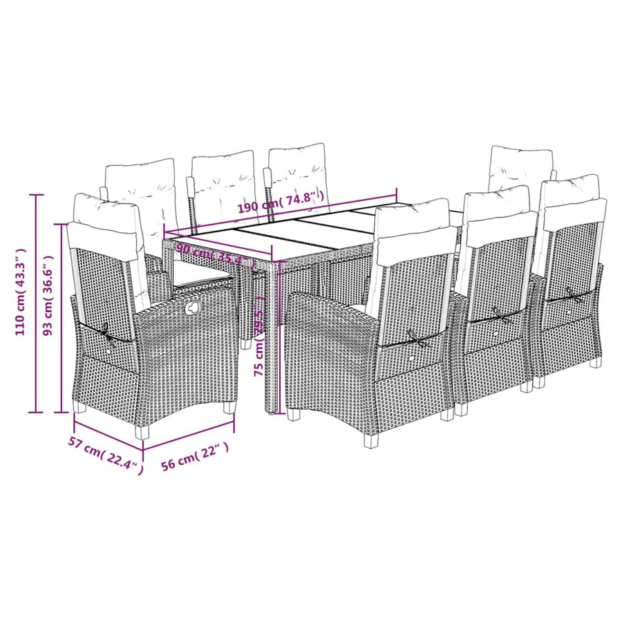 9-Delige Tuinset Met Kussens Poly Rattan Grijs