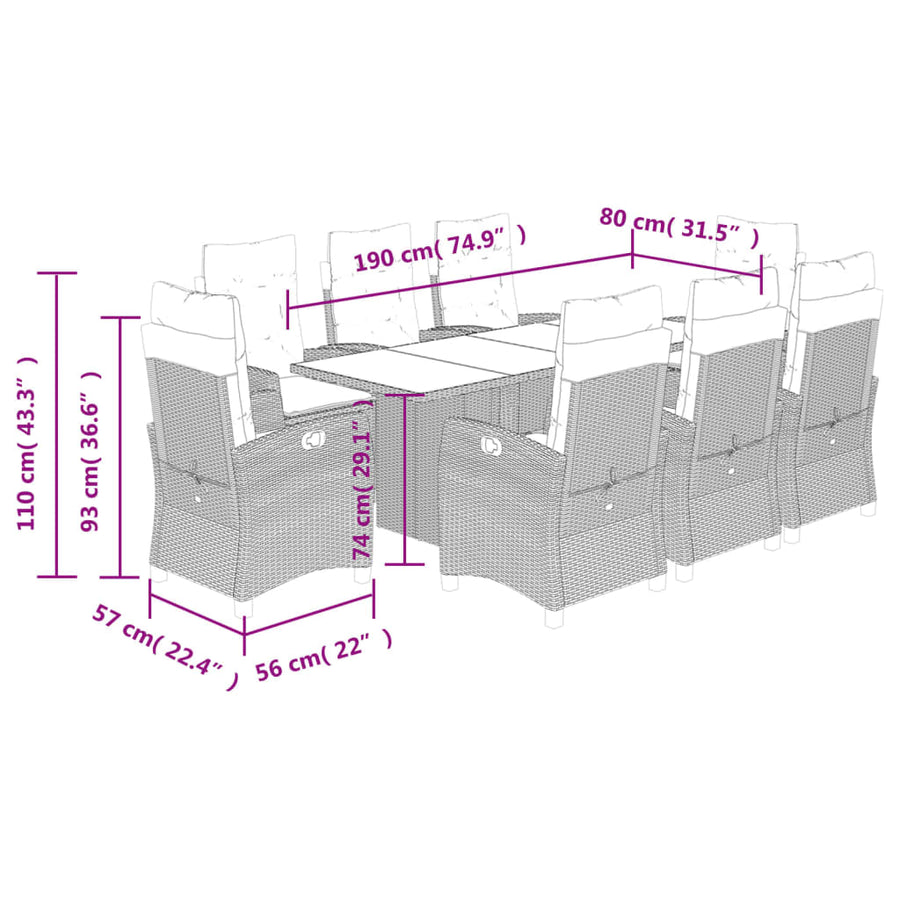 Tuinset poly rattan 9 Zwart en crème Met voetensteun
