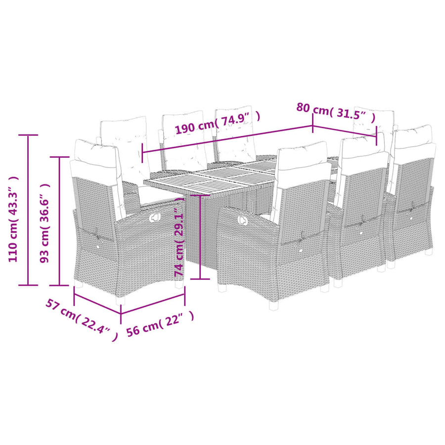 Tuinset poly rattan 9 Zwart en crème Met voetensteun