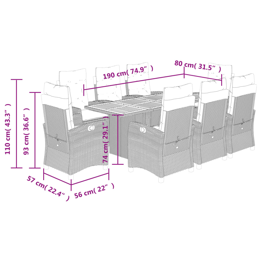 -Delige Tuinset Poly Rattan Zwart Met voetensteun 9