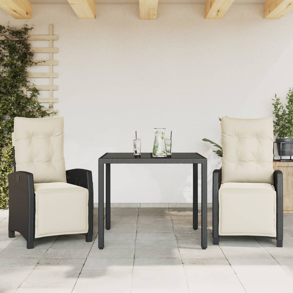 3-Delige Tuinset Met Kussens Poly Rattan 2 90 cm tafellengte Zwart en crème