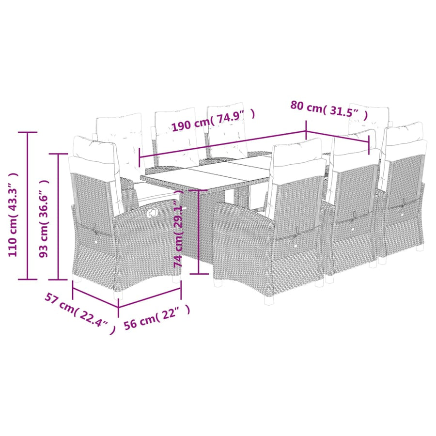 Tuinset poly rattan 9 Zwart en crème Glas