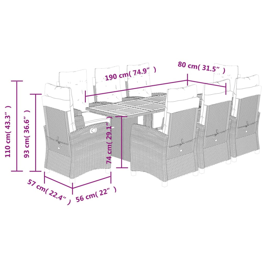 Tuinset poly rattan 9 Zwart en crème Hout