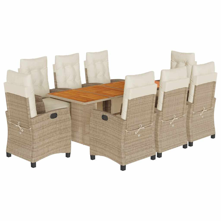 9-Delige Tuinset Met Kussens Poly Rattan 8 beige en crèmekleurig Hout
