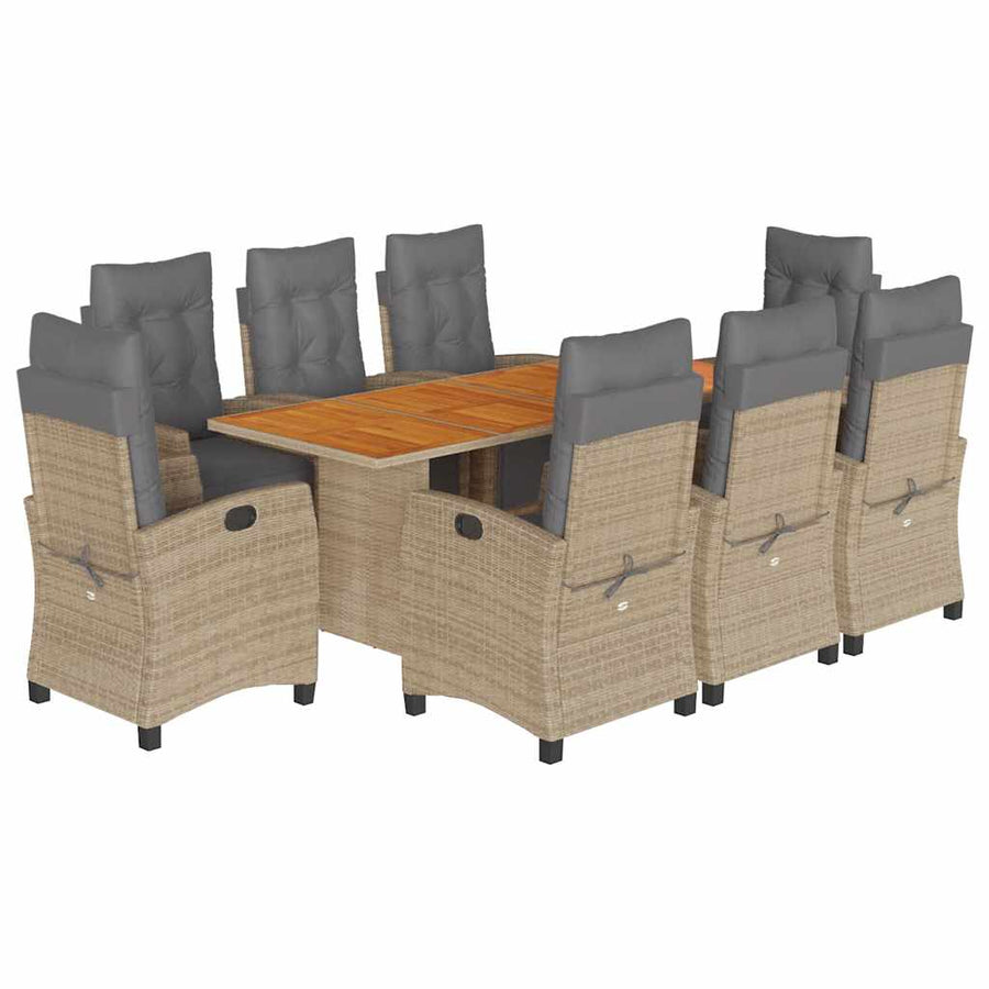 9-Delige Tuinset Met Kussens Poly Rattan 8 Gemengd beige Hout