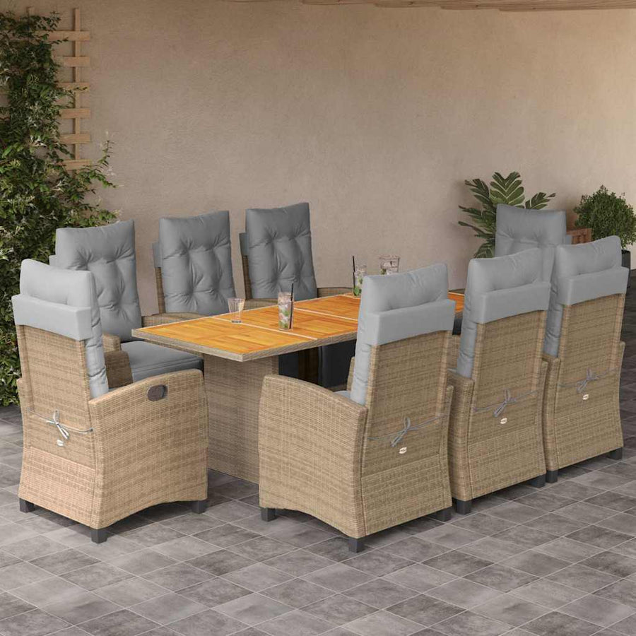 9-Delige Tuinset Met Kussens Poly Rattan 8 Gemengd beige Hout