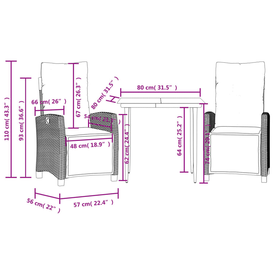 3-Delige Tuinset Met Kussens Poly Rattan Zwart 2