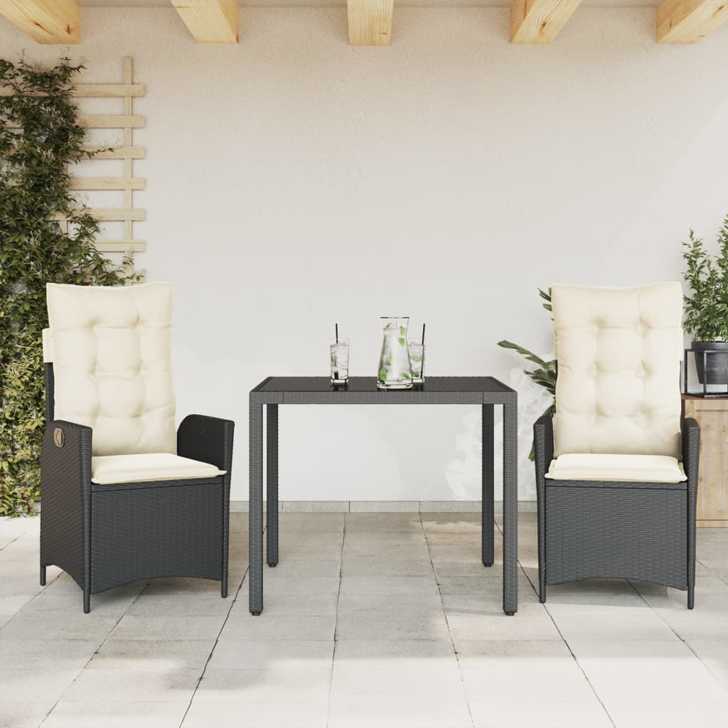 3-Delige Tuinset Met Kussens Poly Rattan Zwart En Crème 2 ?90 x 90 x 75 cm