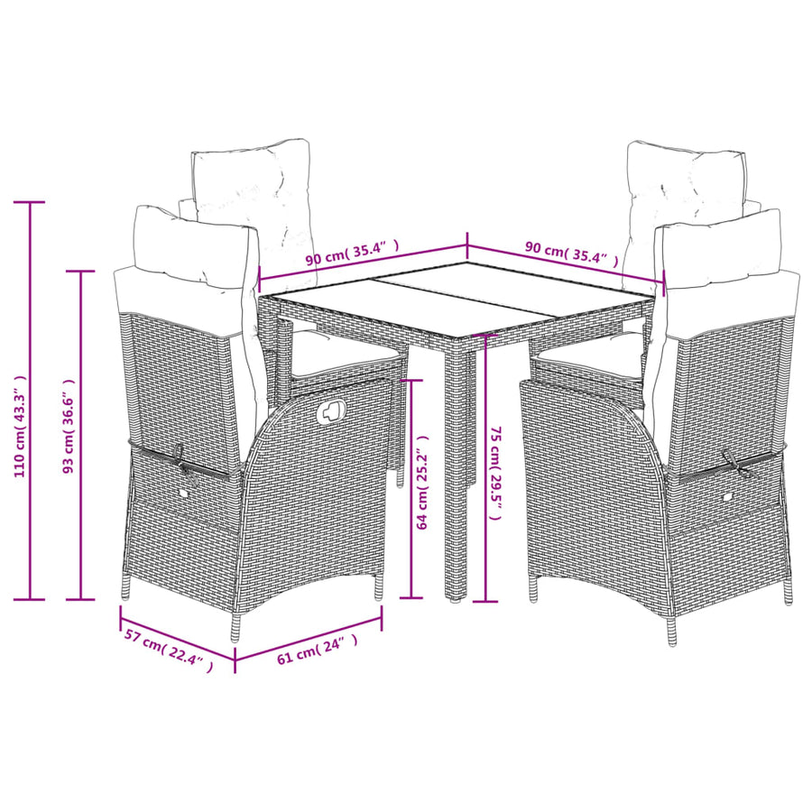 5-Delige Tuinset Met Kussens Poly Rattan Zwart En Crème 4 90 x 90 x 75 cm