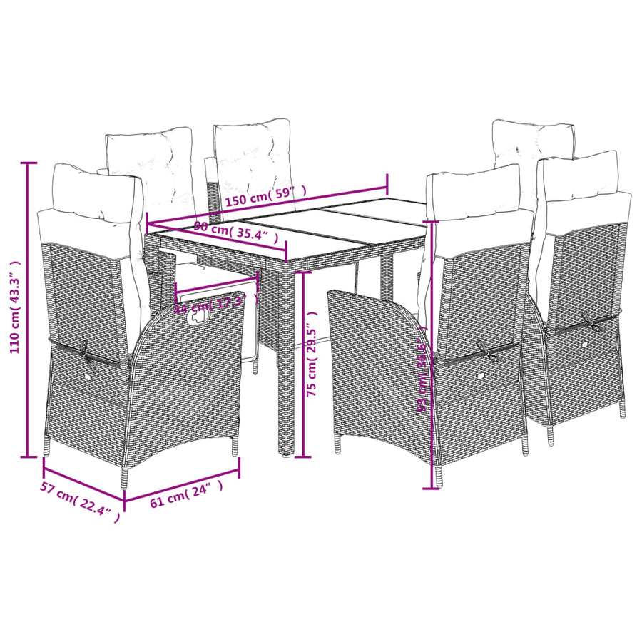 7-delige Tuinset met kussens poly rattan zwart