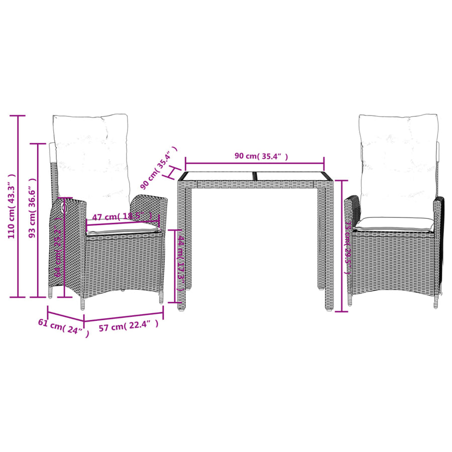 3-Delige Tuinset Met Kussens Poly Rattan Zwart 2 90 x 90 x 75 cm