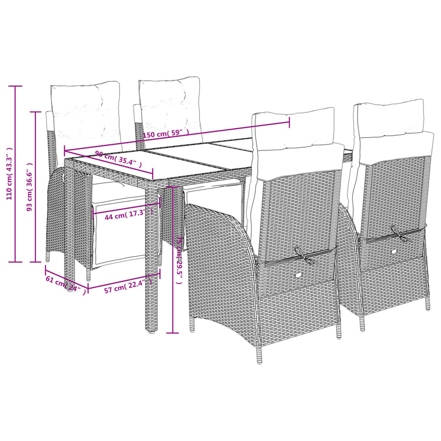 5-delige Tuinset met kussens poly rattan grijs