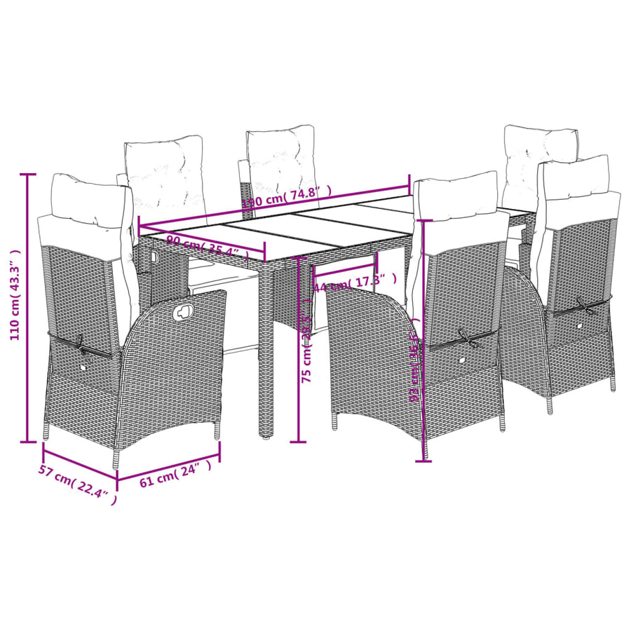 7-delige Tuinset met kussens poly rattan grijs