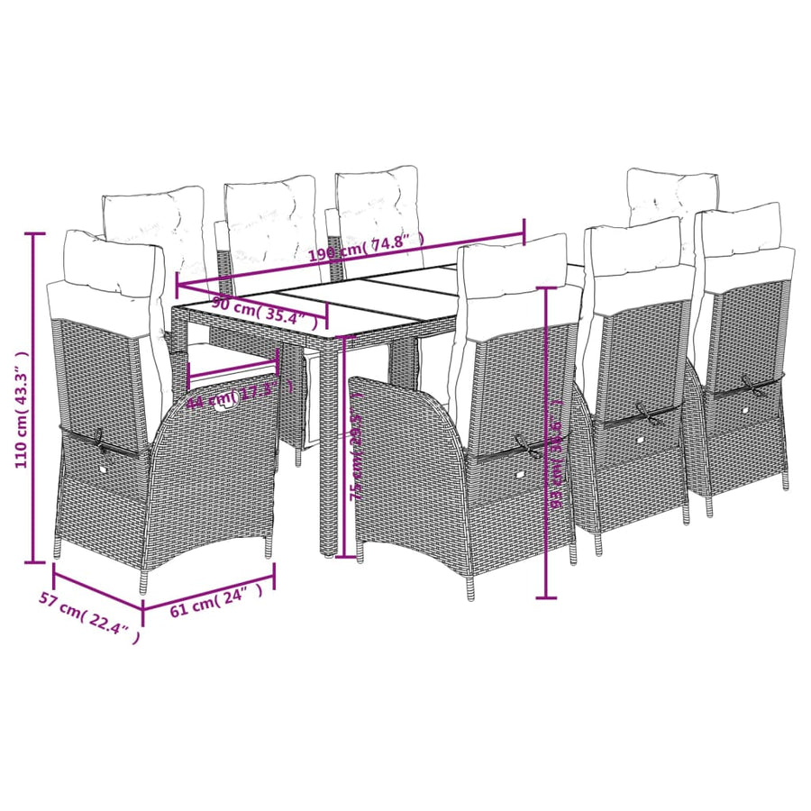 9-delige Tuinset met kussens poly rattan grijs