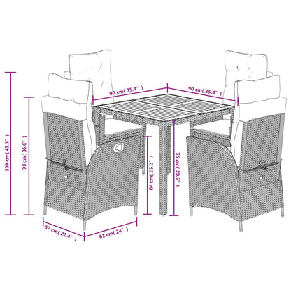 5-delige Tuinset met kussens poly rattan zwart