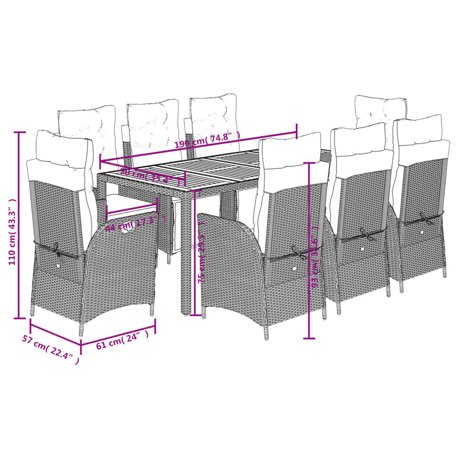 9-Delige Tuinset Poly Rattan 8 Zwart en crème