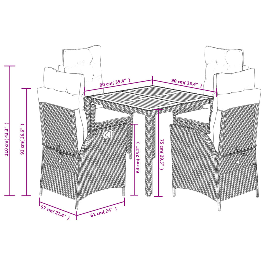 5-delige Tuinset met kussens poly rattan zwart