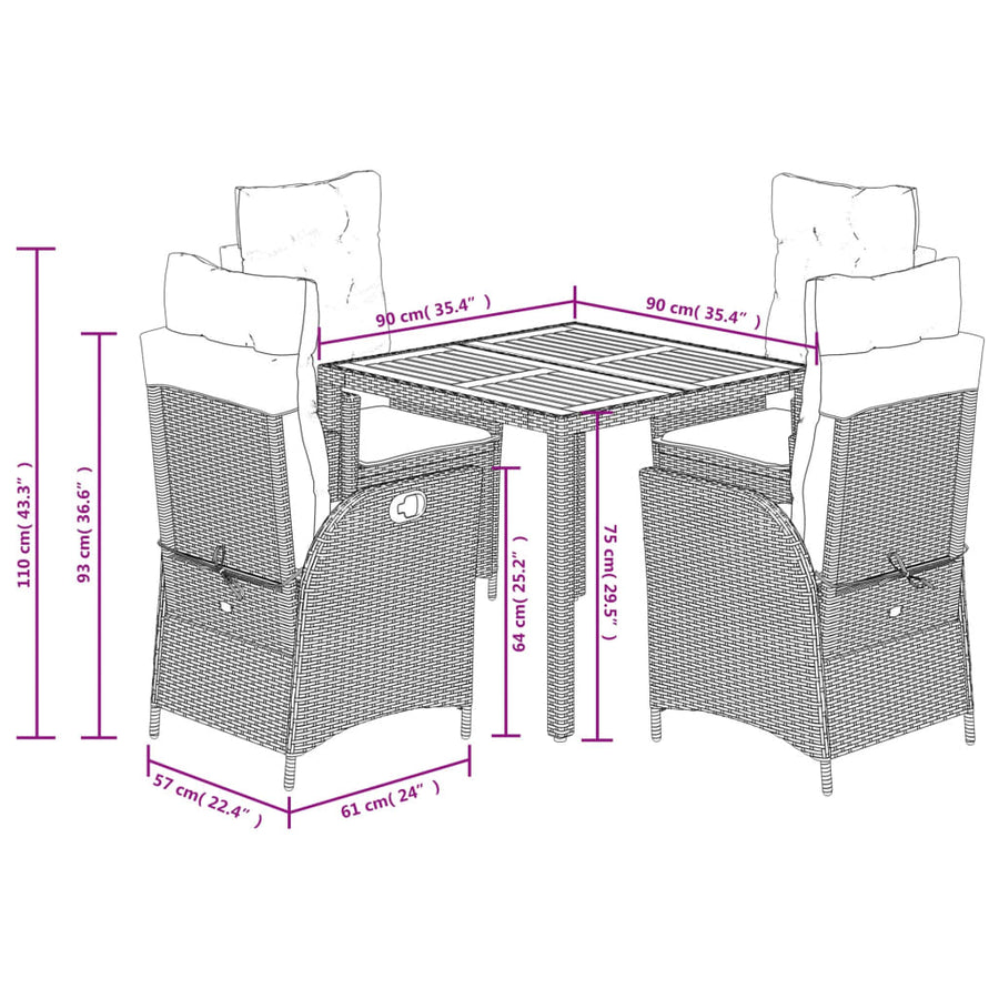 5-delige Tuinset met kussens poly rattan zwart