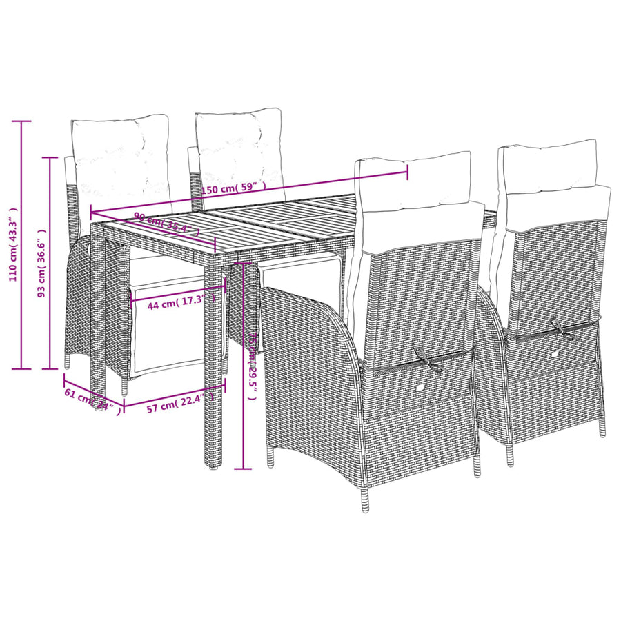 5-delige Tuinset met kussens poly rattan grijs
