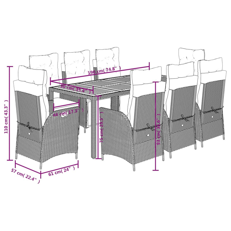 9-delige Tuinset met kussens poly rattan grijs