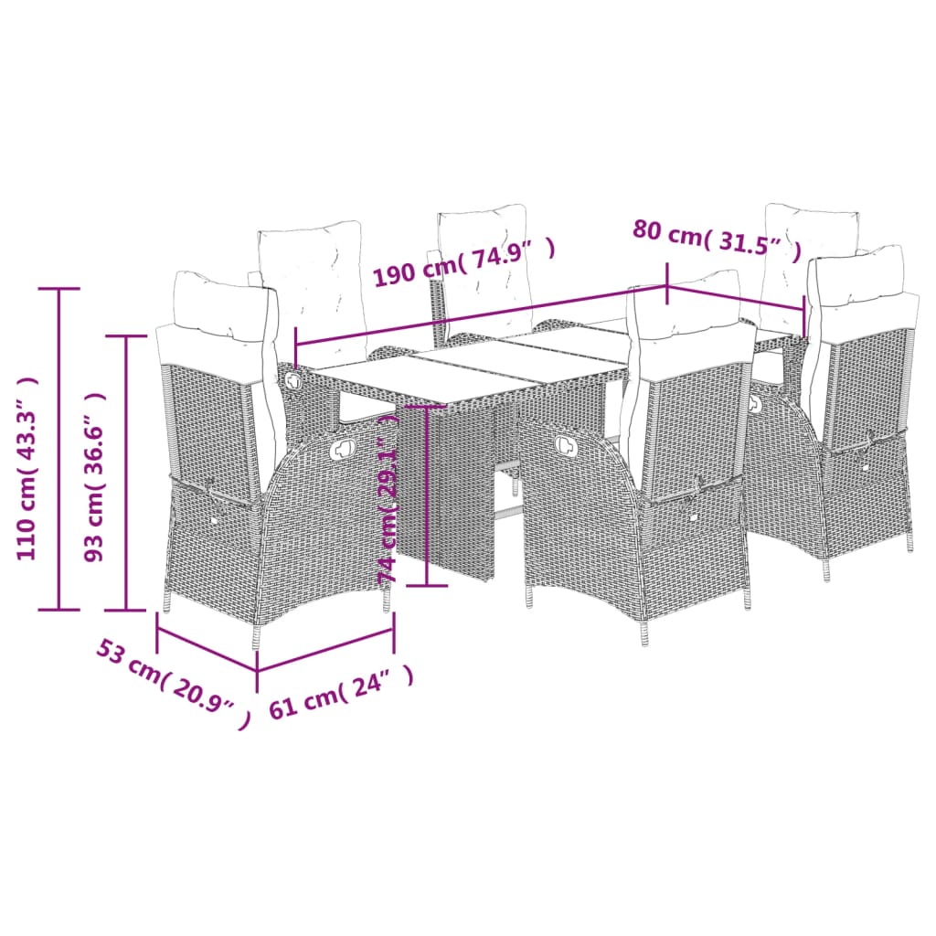 7-delige Tuinset met kussens poly rattan bruin