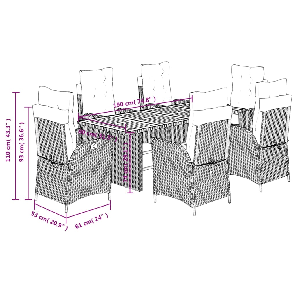 7-delige Tuinset met kussens poly rattan grijs