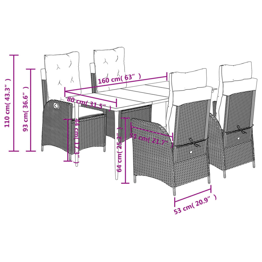 5-delige Tuinset met kussens poly rattan zwart