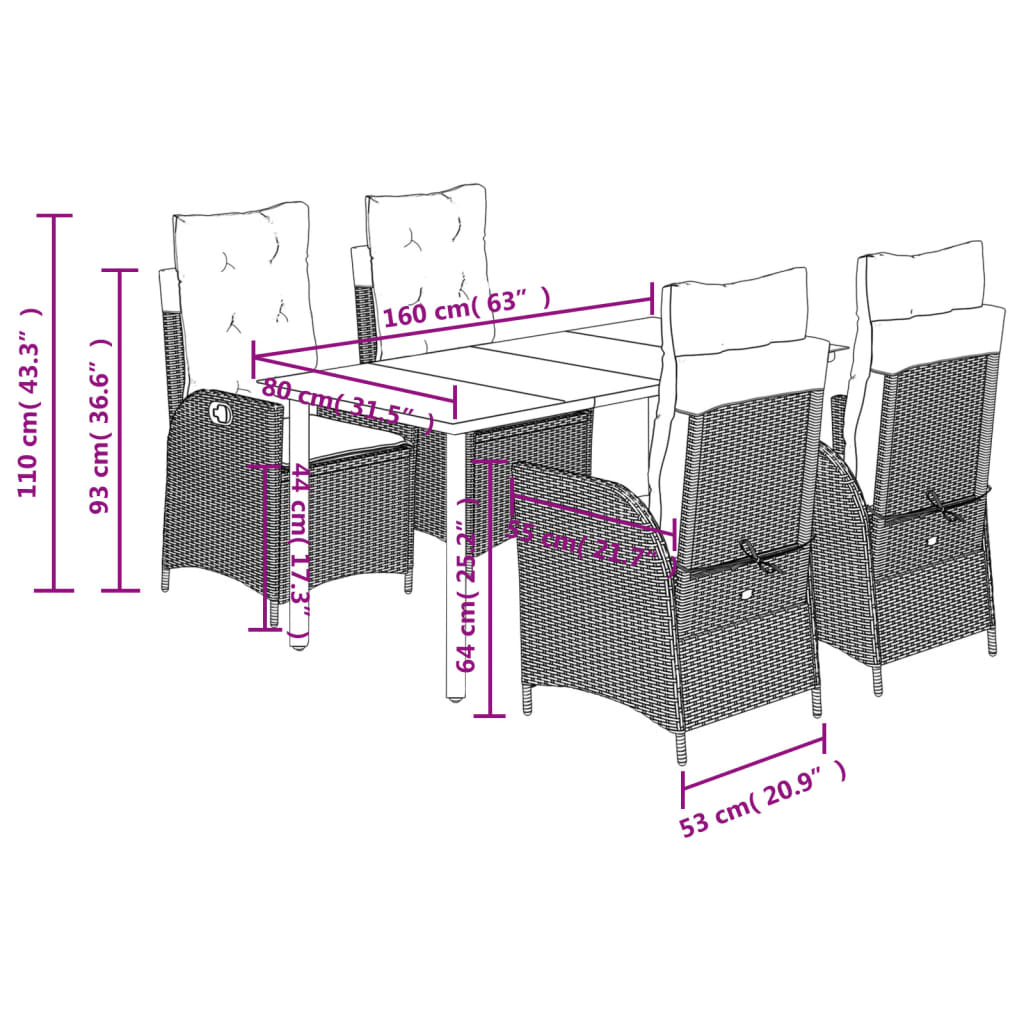 5-delige Tuinset met kussens poly rattan zwart
