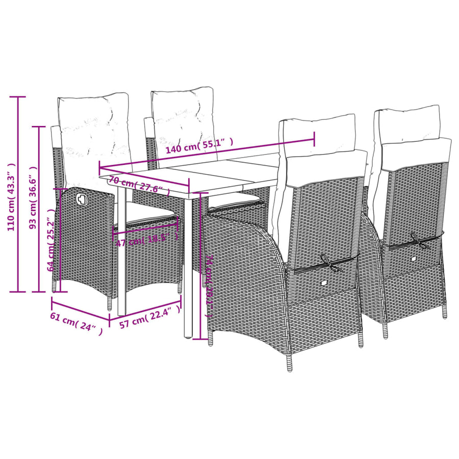 5-delige Tuinset met kussens poly rattan bruin