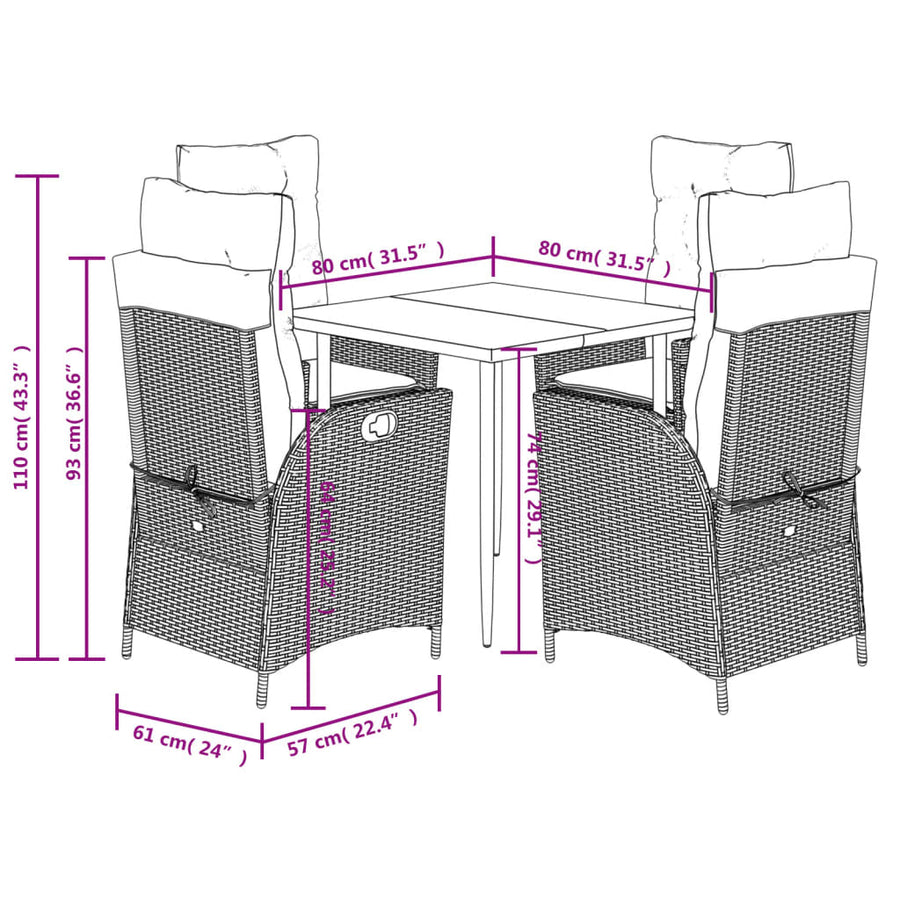 5-delige Tuinset met kussens poly rattan grijs