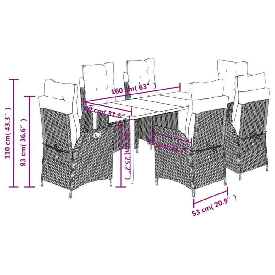7-delige Tuinset met kussens poly rattan grijs