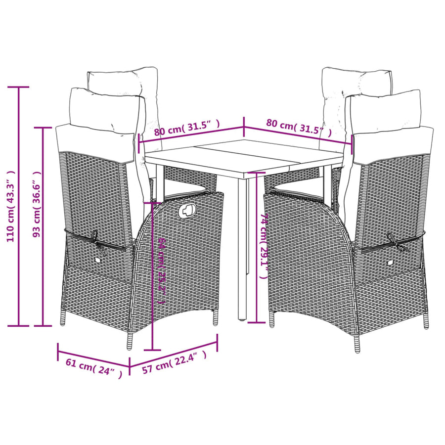 5-delige Tuinset met kussens poly rattan grijs