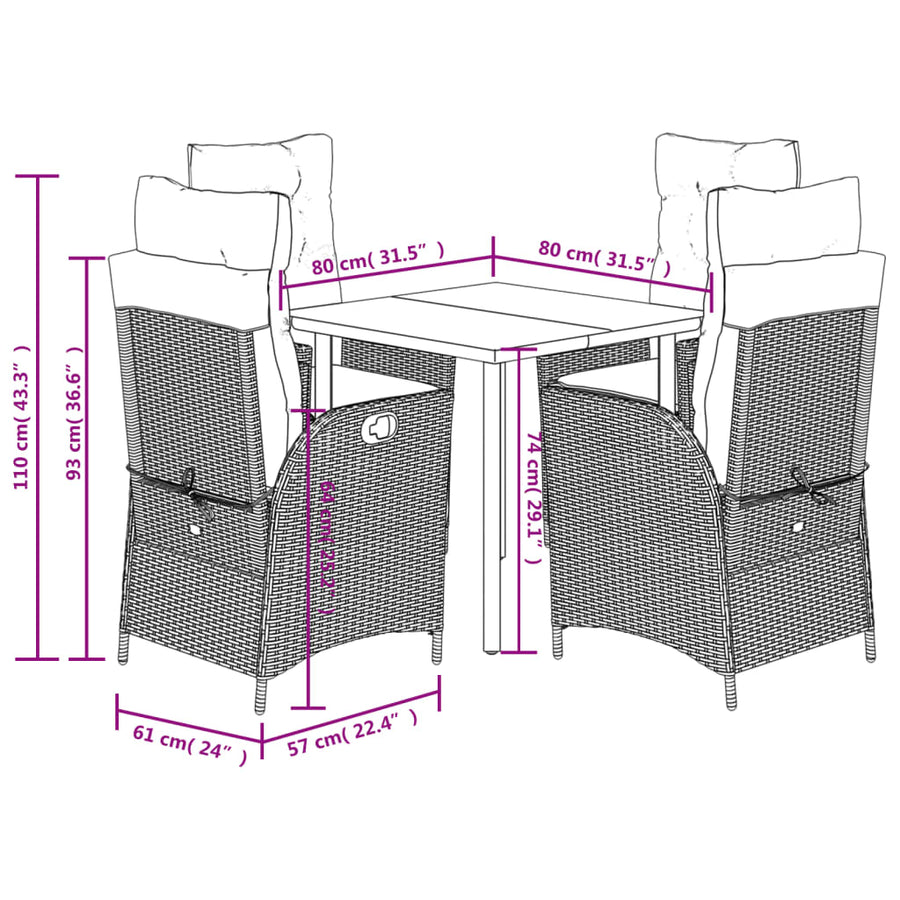5-delige Tuinset met kussens poly rattan grijs