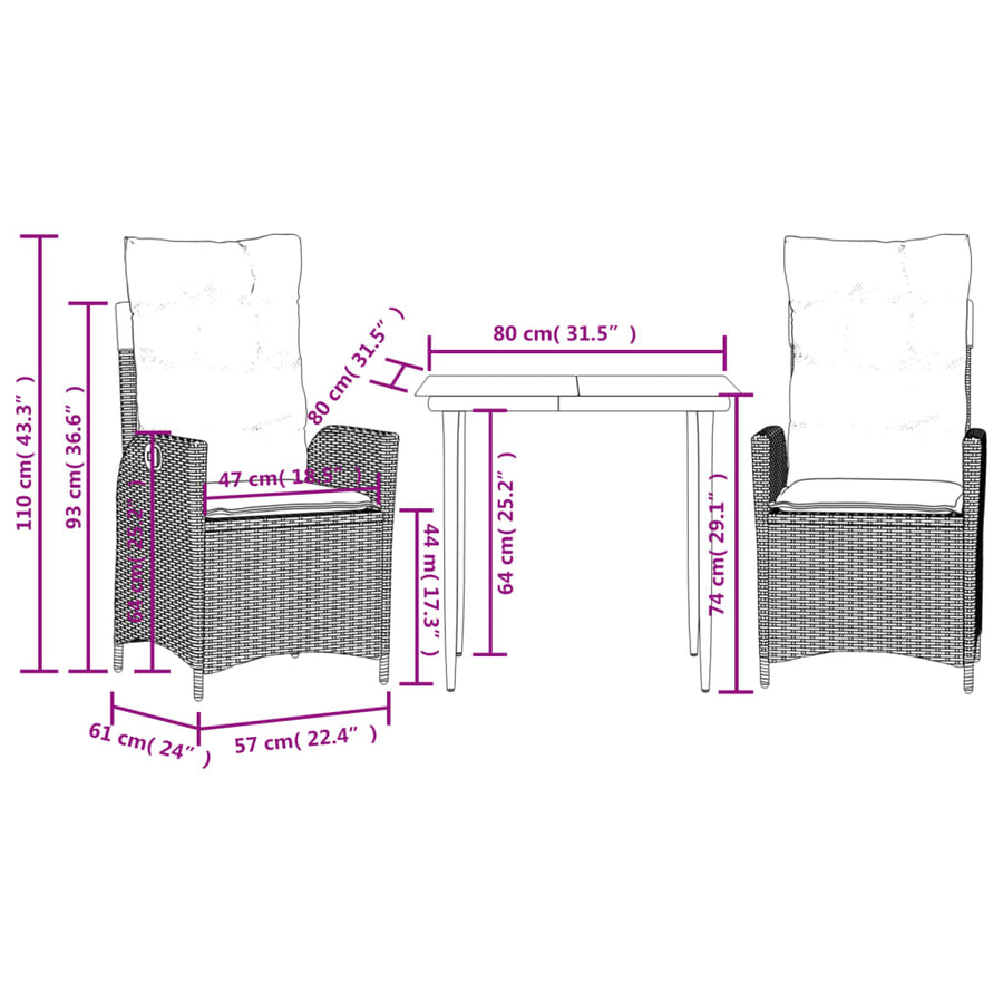3-delige Tuinset met kussens poly rattan beige
