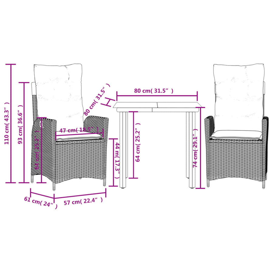 3-delige Tuinset met kussens poly rattan beige