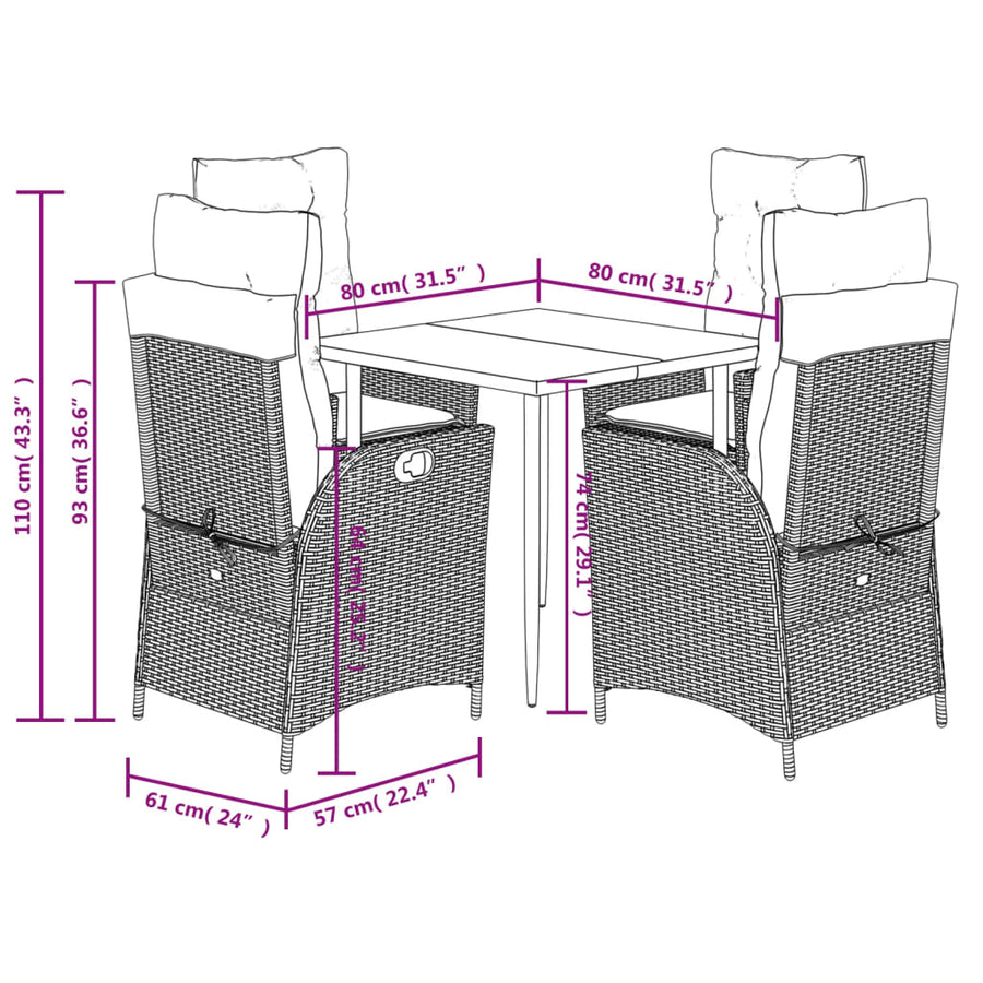 5-delige Tuinset met kussens poly rattan lichtgrijs