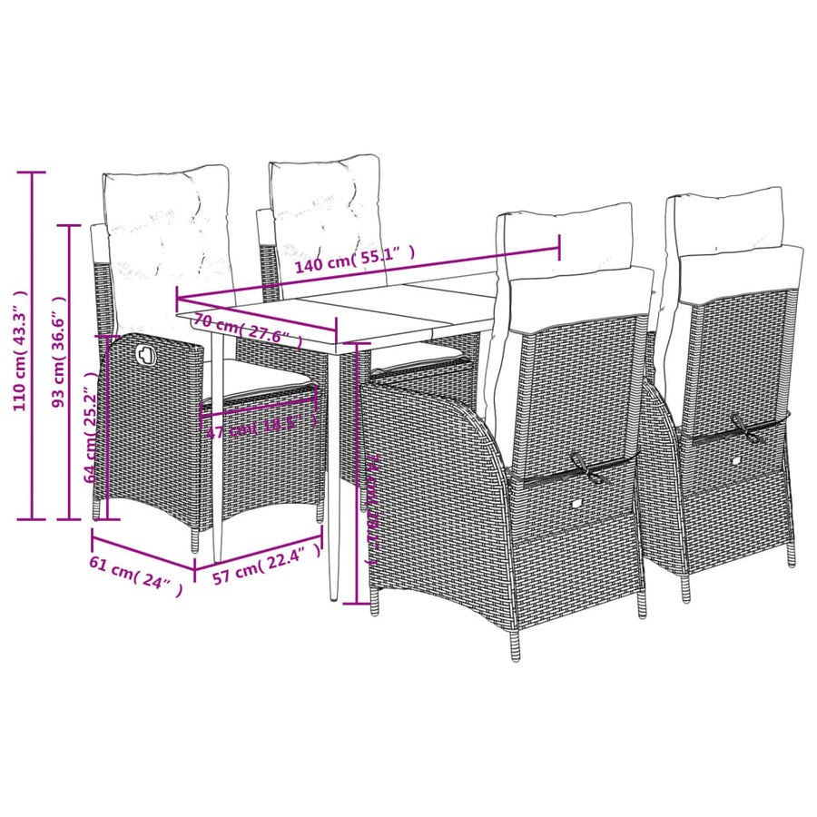 5-Delige Tuinset Met Kussens Poly Rattan Lichtgrijs 4 140 x 70 x 74 cm